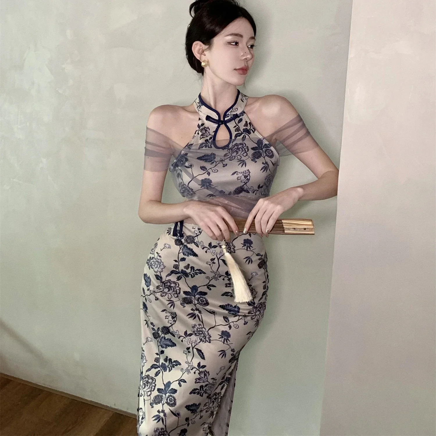 Женское атласное платье с открытыми плечами кружевное в китайском стиле