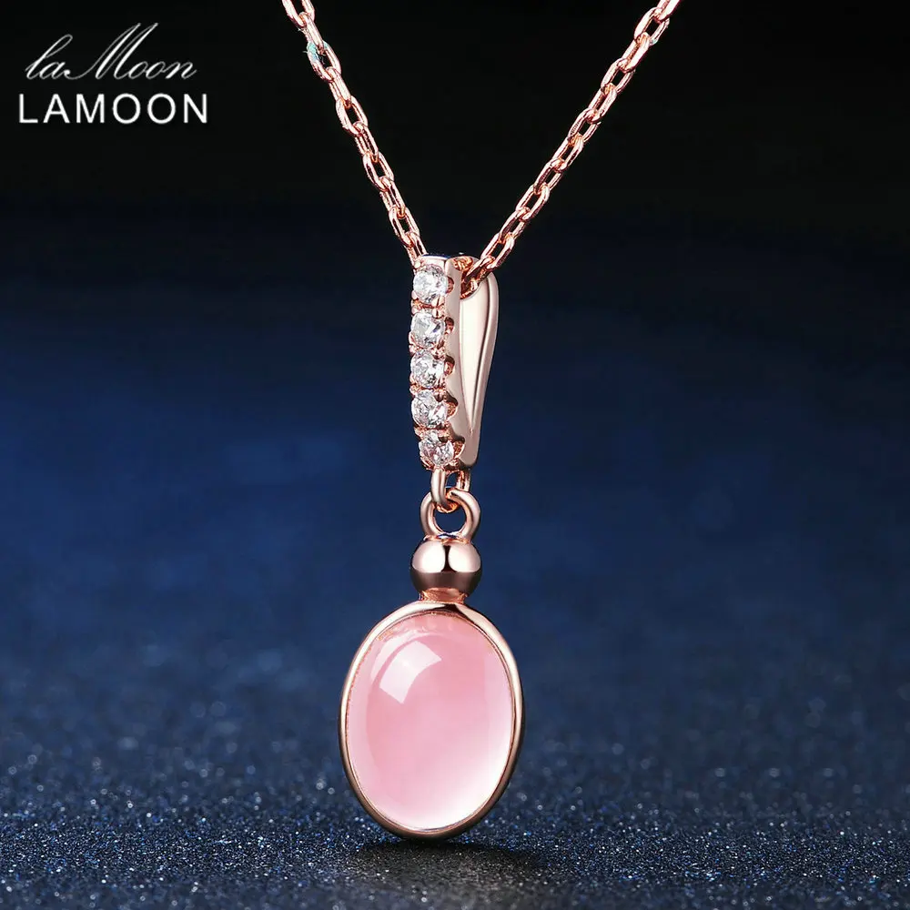 

GOLUCA 925 Sterling Silver Necklace Gemstone Oval Rose Quartz Pendant Necklace 18K Rose Gold Plated Fine Jewelry LMNI009