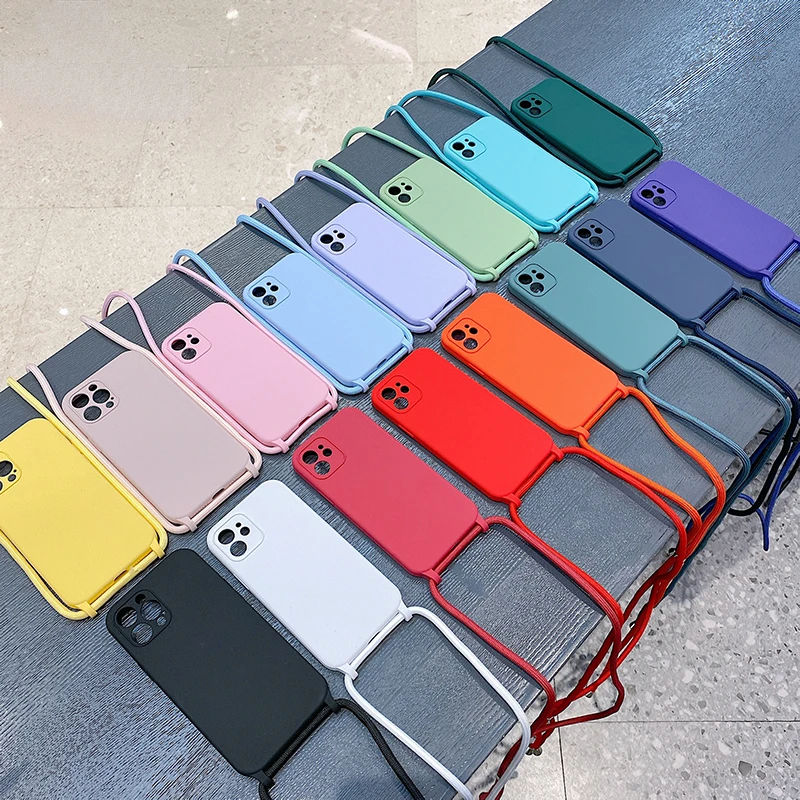 

Crossbody Lanyard Liquid Silicone Case For iPhone 13 Mini 12 11 Pro Max XS X XR SE 8 7 Plus Necklace Strap Cord Soft Color Cover