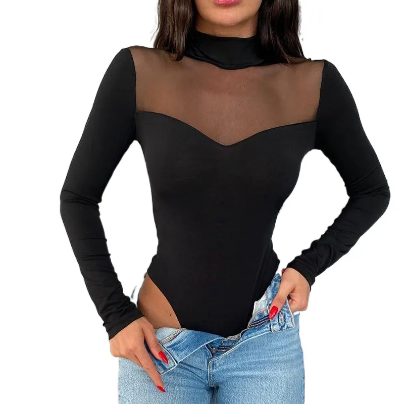 

European And American Women's Summer New Clean Color Mesh Patchwork Long Sleeved Versatile Bottom Fitting Top