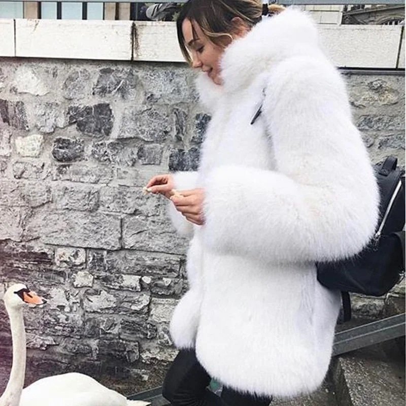 New Autumn Winter Fashion Faux Fur Coats Furry Fur Coat 2022 Women Warm Fake Fox Fur Stand Collar Jacket Female Clothes White