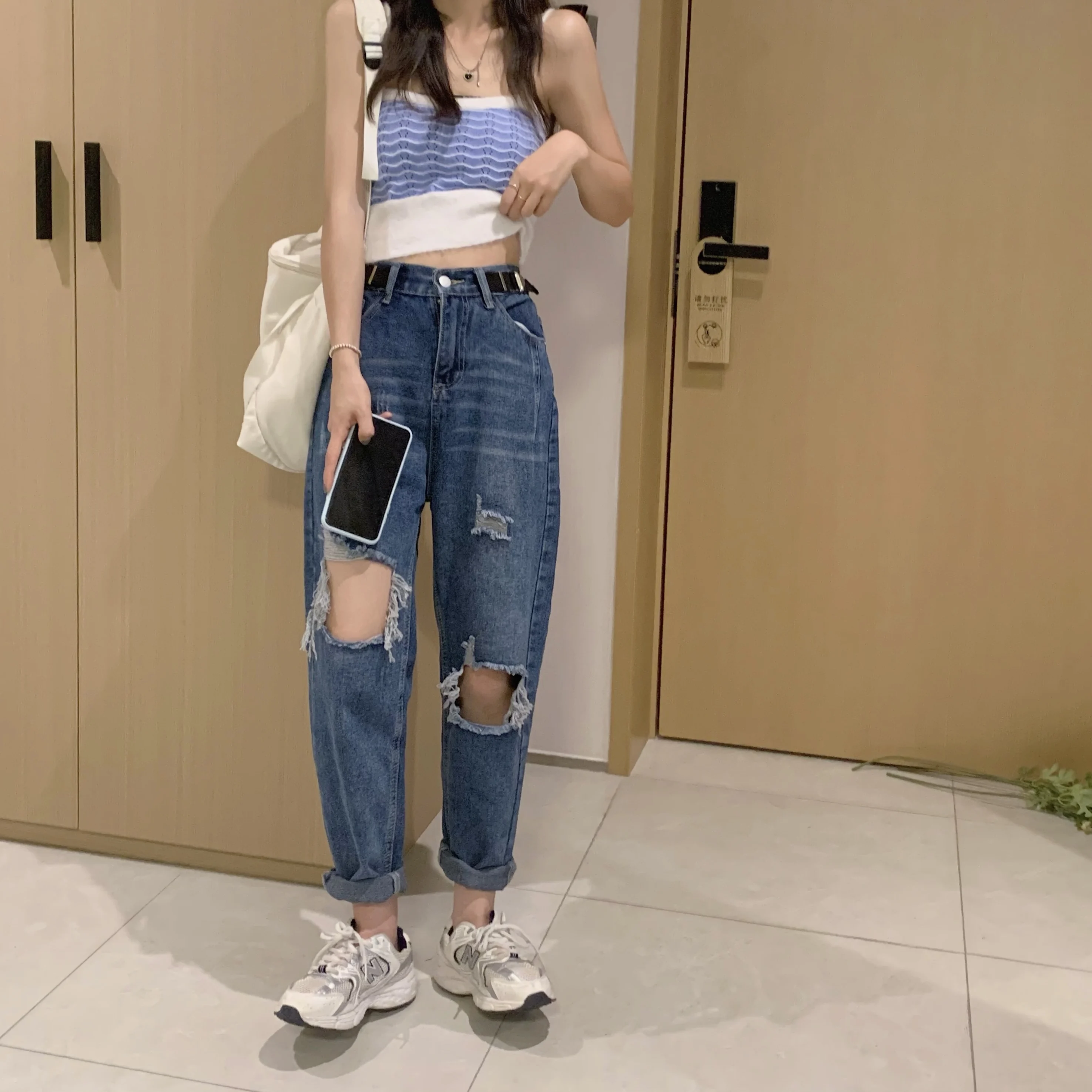 High Waisted Ripped Hole Jeans for Women Fashion Trends Gothic Streetwear Teenage Girl Punk Style Denim Pants Distressed Clothes