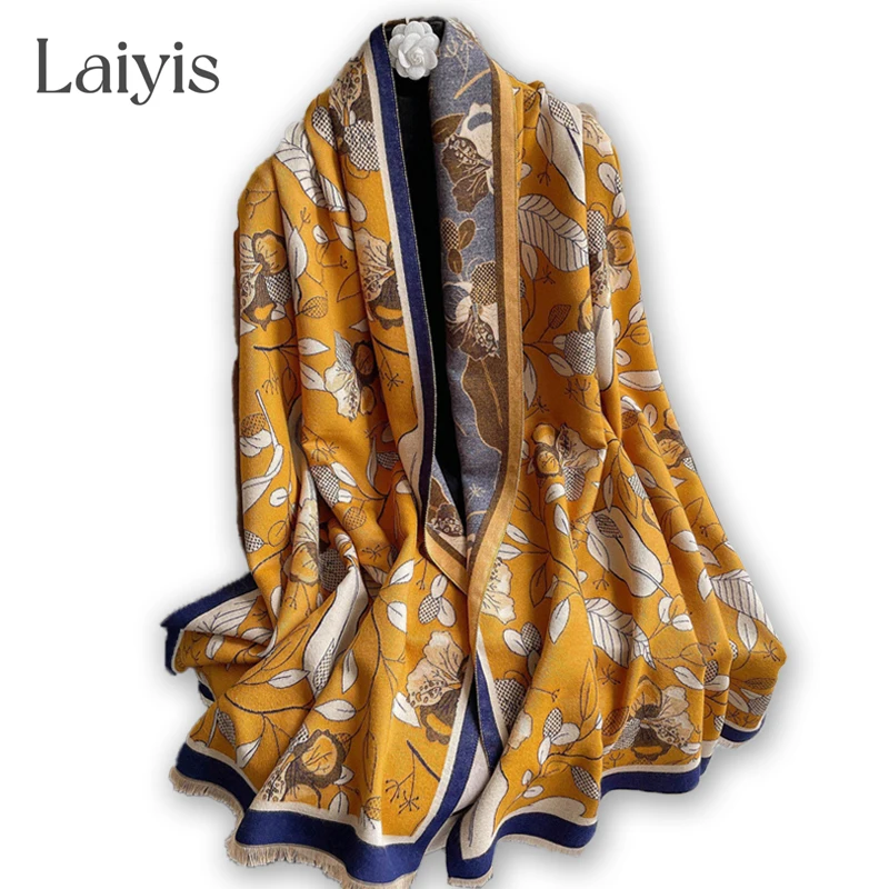 

2022 Shawl Hijab Design Letter Pashmina Scarf Women Cashmere Warm Doubel-sided Blanket Wraps Thick Bufanda Female Stoles New