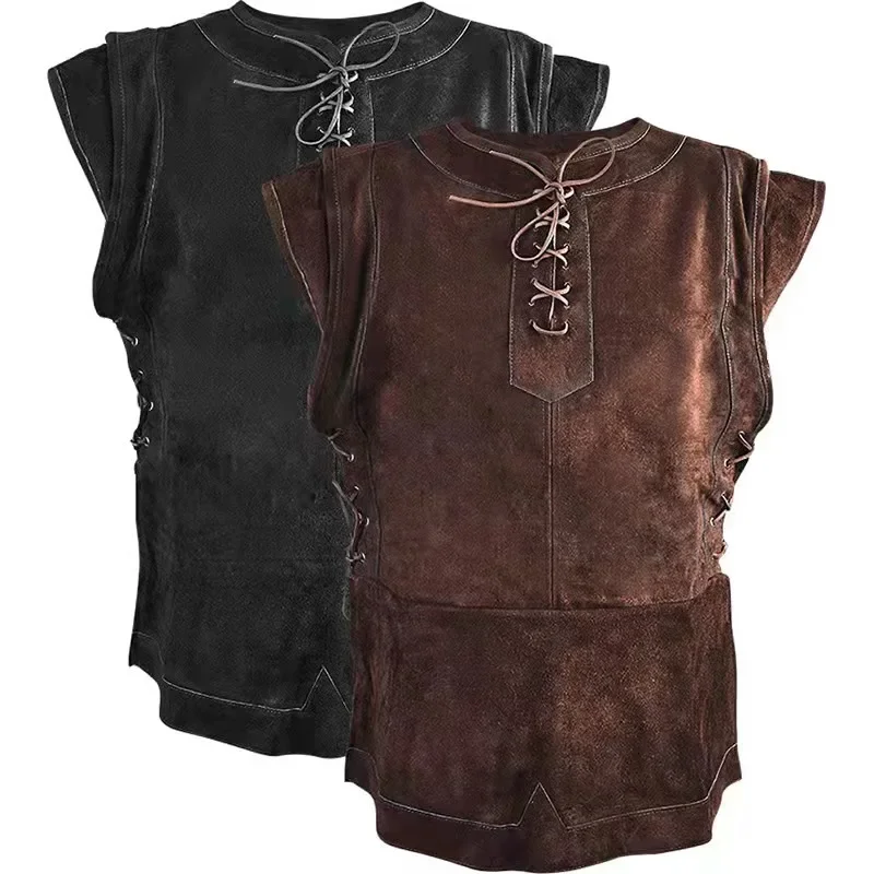

Mens Medieval Punk Vest Vikings Cosplay Archer Costume Adult Chest Body Armor Suede Larp Outfit Jerkin Coat Halloween For Men