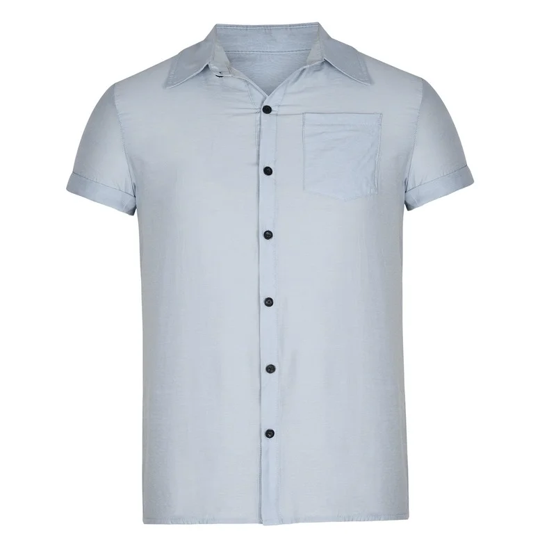 Summer Shirt Top Men's Fashion Loose Turn-down Collar Shirt Men's Casual Short Sleeve Single-Breasted Solid Color Pocket Shirt