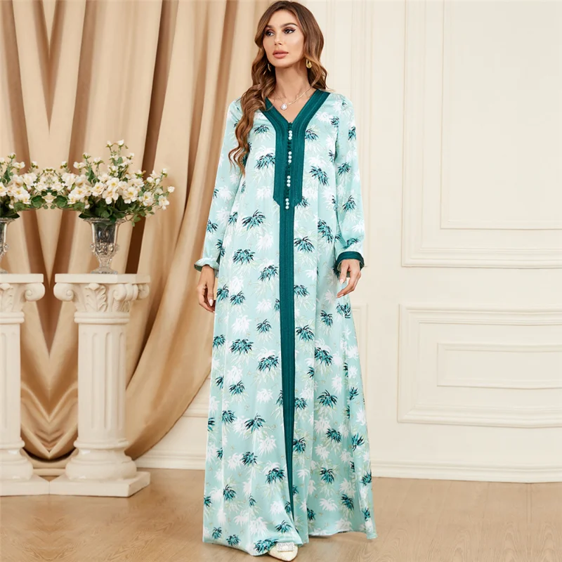 Ramadan Eid Fashion Modest Dress For Woman V-Neck Lace Tape Button Plant Print Muslim Dresses Long Sleeve Abaya Turkey New 2023