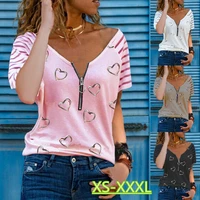summer fashion womens loose summer loose t shirt striped short sleeve blouse zipper v neck casual tops