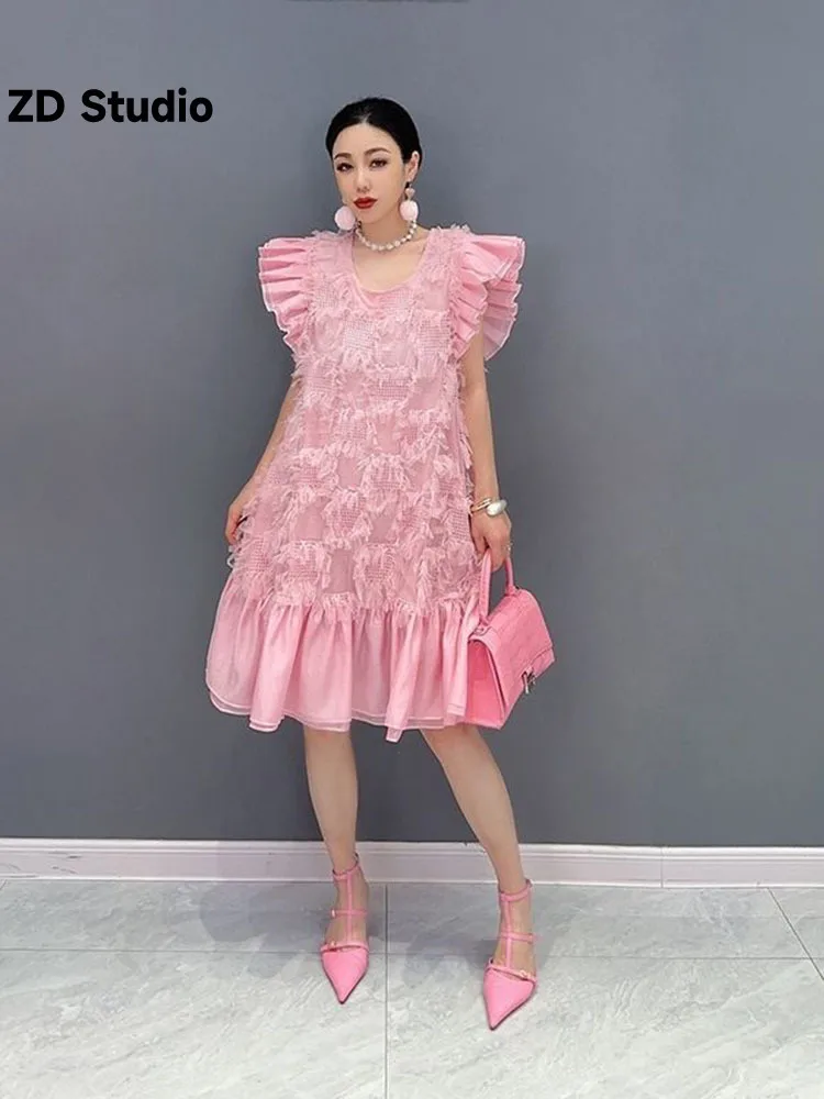 

[ZD Studio] 2023 Summer New Dress Ruffle Fringe Midlength Elegant Ladies Reducing Age Solid Color Women's Wear