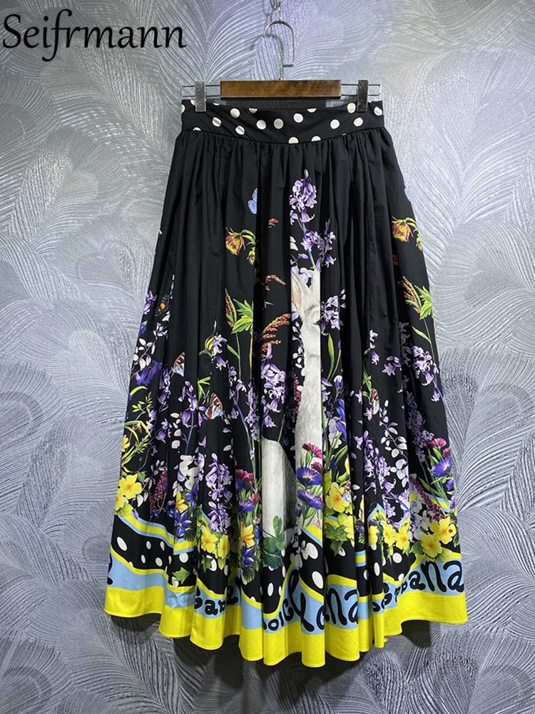 

Seifrmann High Quality Summer Women Fashion Runway Cotton Skirts High Waist Dot Flower Printed A-Line Skirts Midi Black Bottoms
