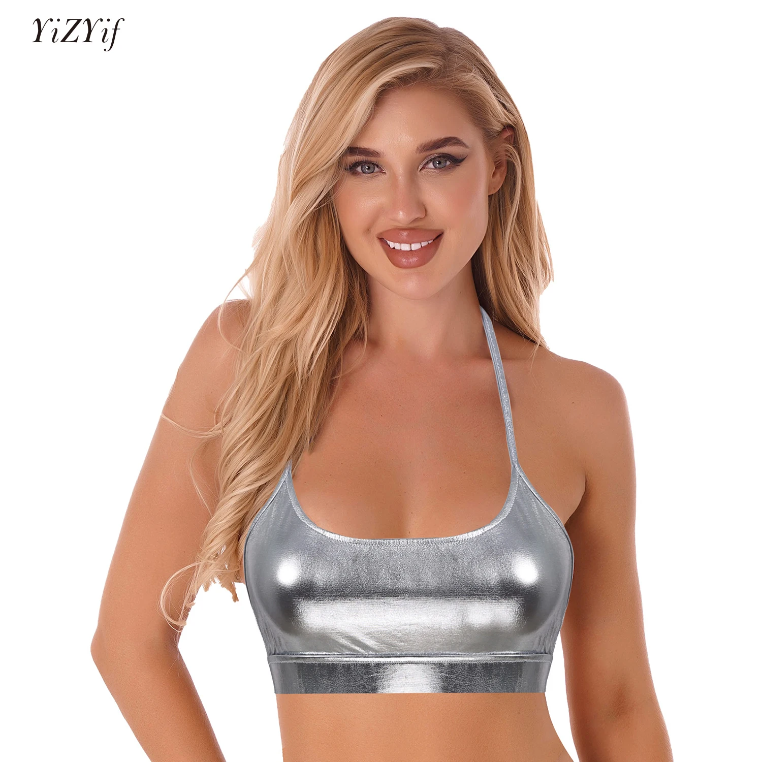 

Crop Top Women Spaghetti Straps Sleeveless Y-shape Tops Open Back Shiny Metallic Gym Workout Sport Bra Vest Tops Club Dancewear