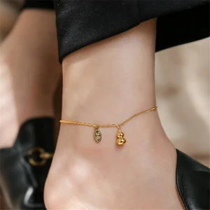 New Boho Gold Color Plated Titanium Steel Lucky Gourd Tag Chain Anklets for Women Beach Barefoot Sandals Bracelet Ankle Jewelry