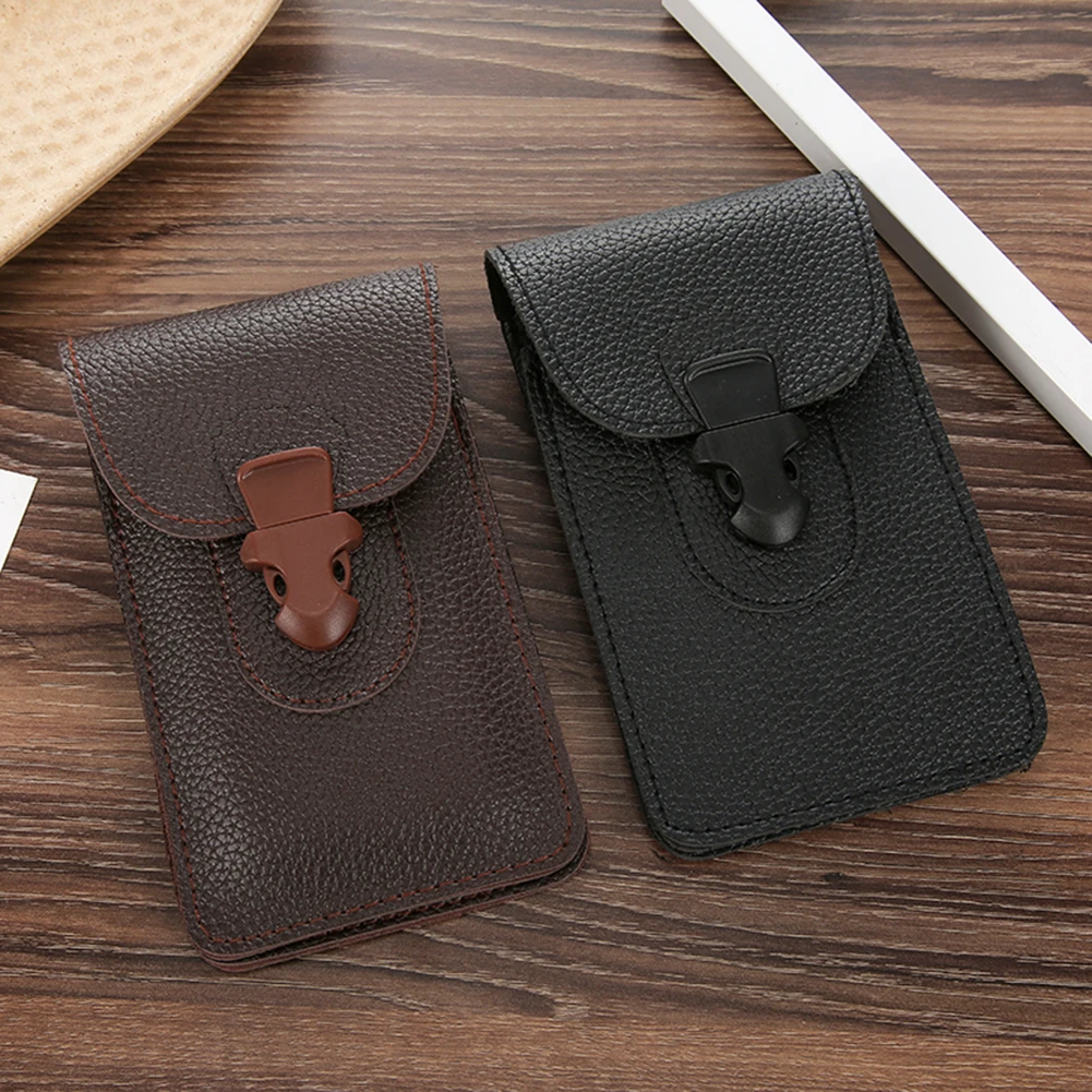

Litchi Pattern Mobile Phone Pouch PU Leather Men Waist Belt Bag Solid Mini Purse