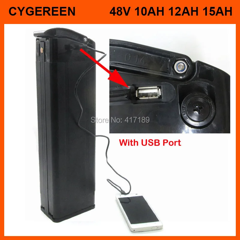 

48 V 750W Electric Bike bateria 48V 10AH 12AH 15AH lithium ion Silver fish bicycle Battery with USB port Bottom Discharge