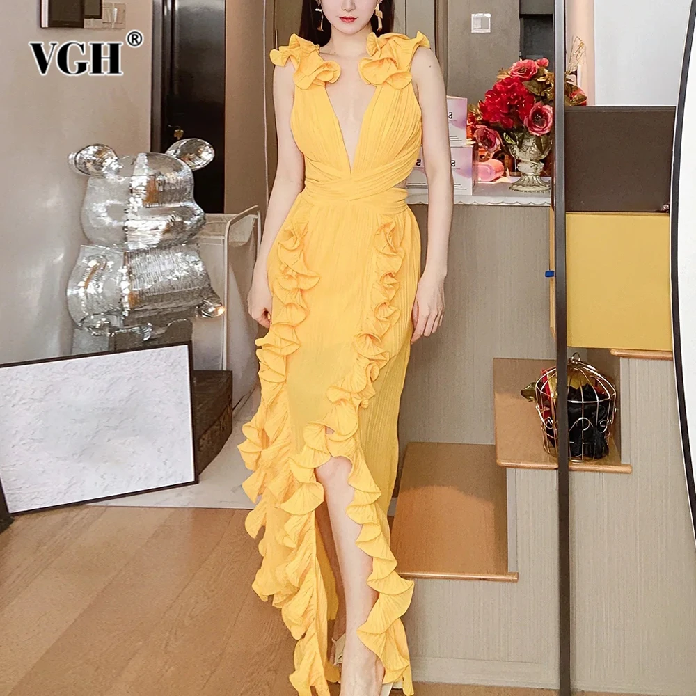 Женское лоскутное платье без рукавов VGH однотонное с глубоким V-образным вырезом