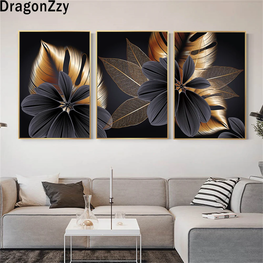 Триптих искусство черный золотой лист растений Картина на холсте Современный