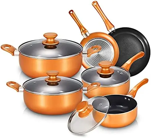 

Pieces Pots and Pans Set,Aluminum Cookware Set, Nonstick Ceramic Coating, Fry Pan, Stockpot with Lid, Copper and Black Aluminium