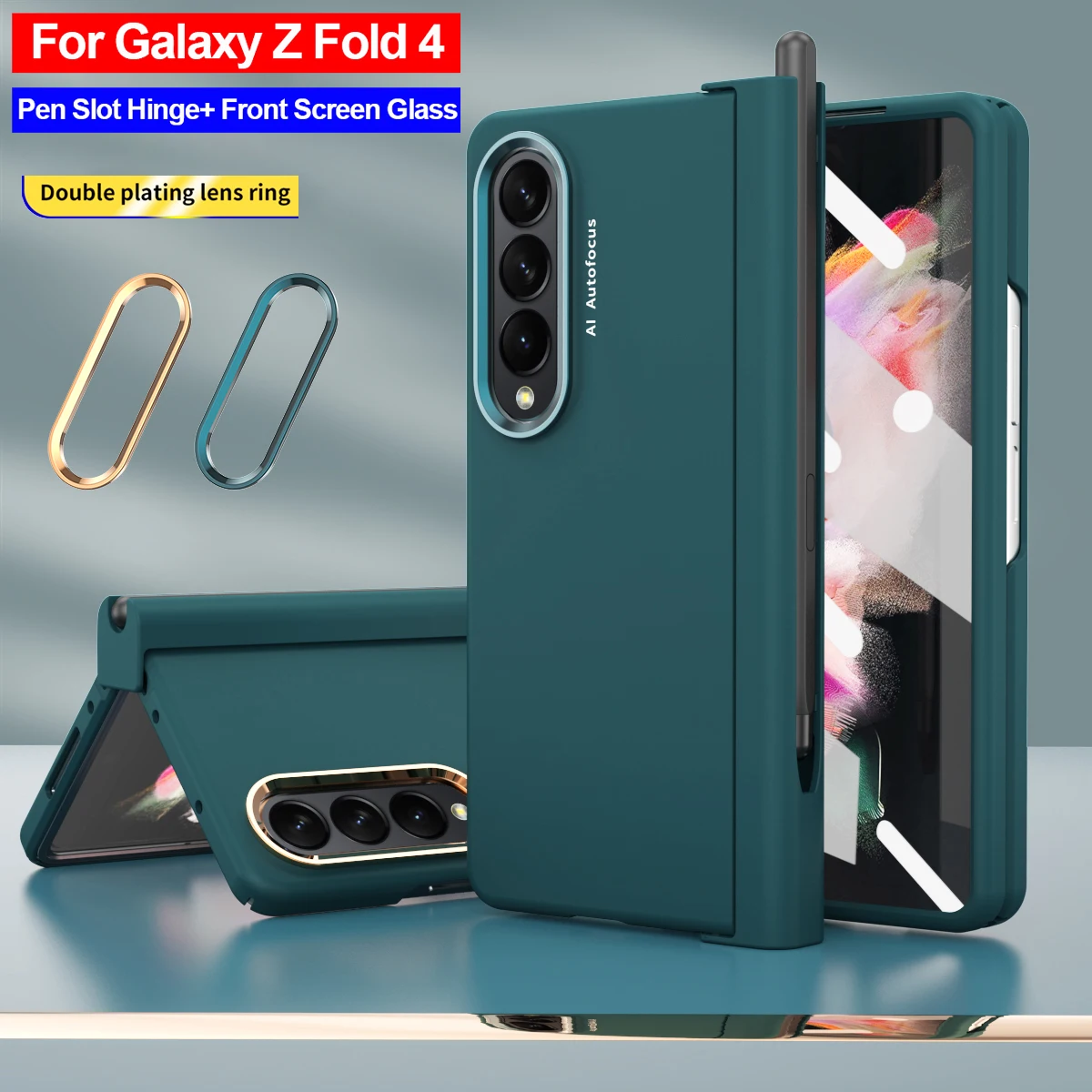 

With Touch Pen Slot Capa for Samsung Galaxy Z Fold 4 5G Case 2 Pcs Lens Ring Front Screen Glass Protect Cover for Galaxy Z Fold4