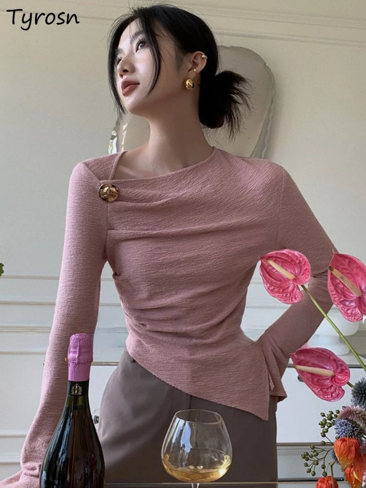 

Футболки женские ассиметричные повседневные дизайнерские удобные простые однотонные модные повседневные осенние приталенные новые корей...