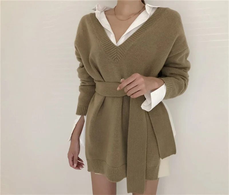 

Новинка 2020, женский зимний свитер, вязаные пуловеры с длинным рукавом, теплые женские трикотажные джемперы на шнуровке с V-образным вырезом ...