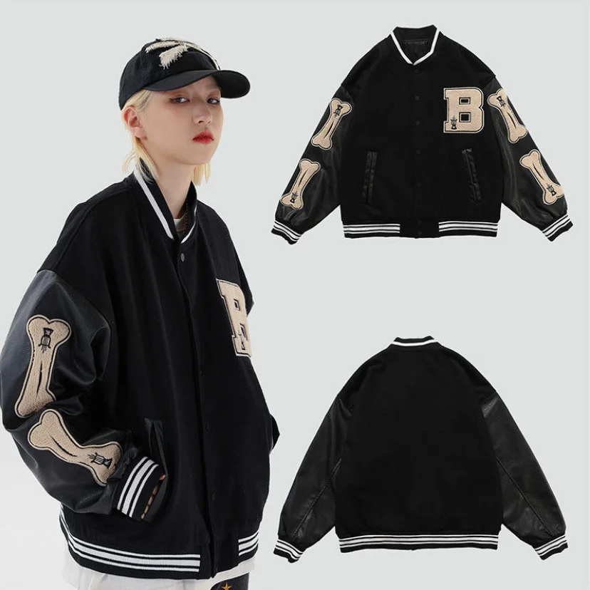 

Unisex Fashion Oversized Hip Hop Varsity Baseball Jacket Leather Sleeve Hi Street Loose Fit Letterman Coat Outerwear For Couples