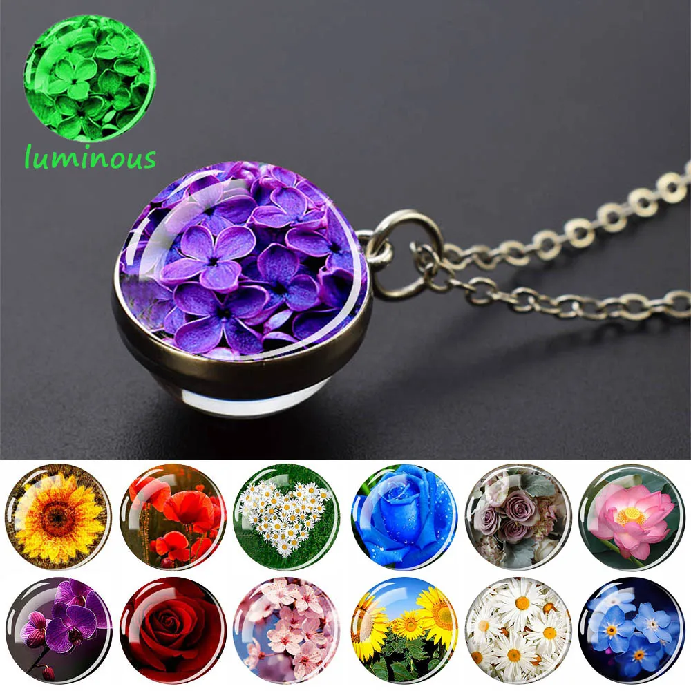 Luminous Flower Necklaces Rose Lotus Cherry Blossoms Sunflower Necklace Women Glass Ball Pendant Glow In The Dark Jewelry Gift