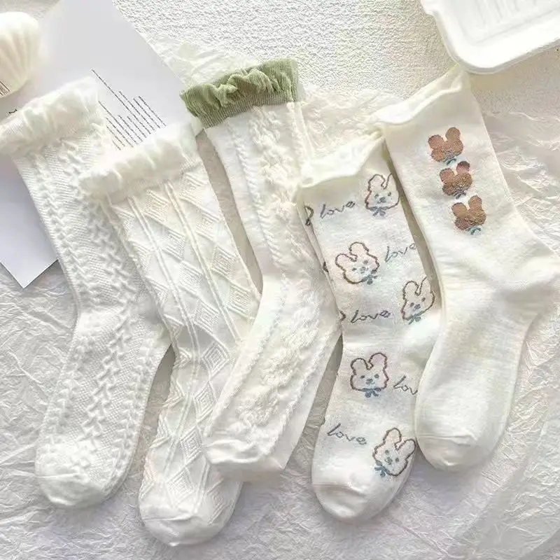 

Four Seasons General Women's Socks Green Cute Cartoon Little Bear Pattern Socks Fashion Check Medium Socks Girl Kawaii Socks