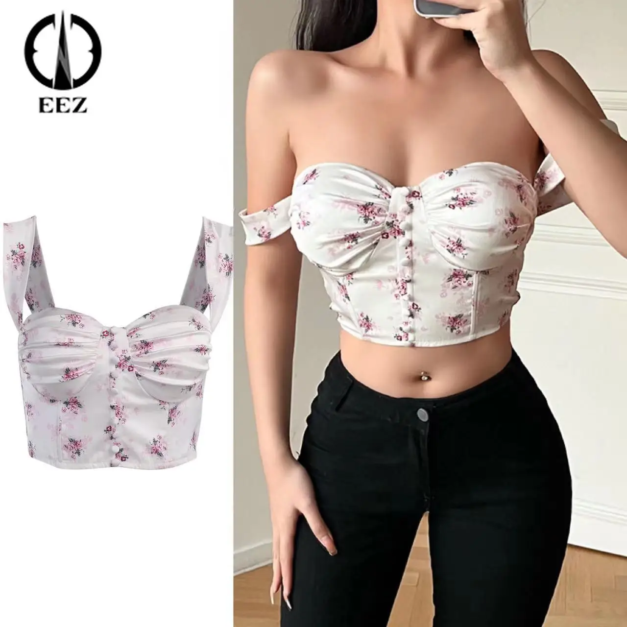 

【With Chest Pad】Sexy Ruched Satin White Camisoles Floral Print Tight Crop Tops Women Sleeveless French Corset Coquette Aesthetic