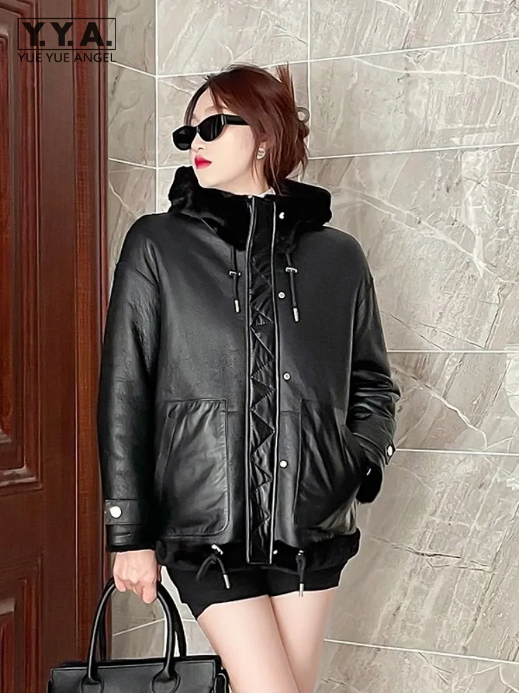 

Streetwear New Winter Women Thick Warm Real Fur Lining Jacket Hooded Genuine Leather Overcoat Zipper Punk Sheep Shearling Coats