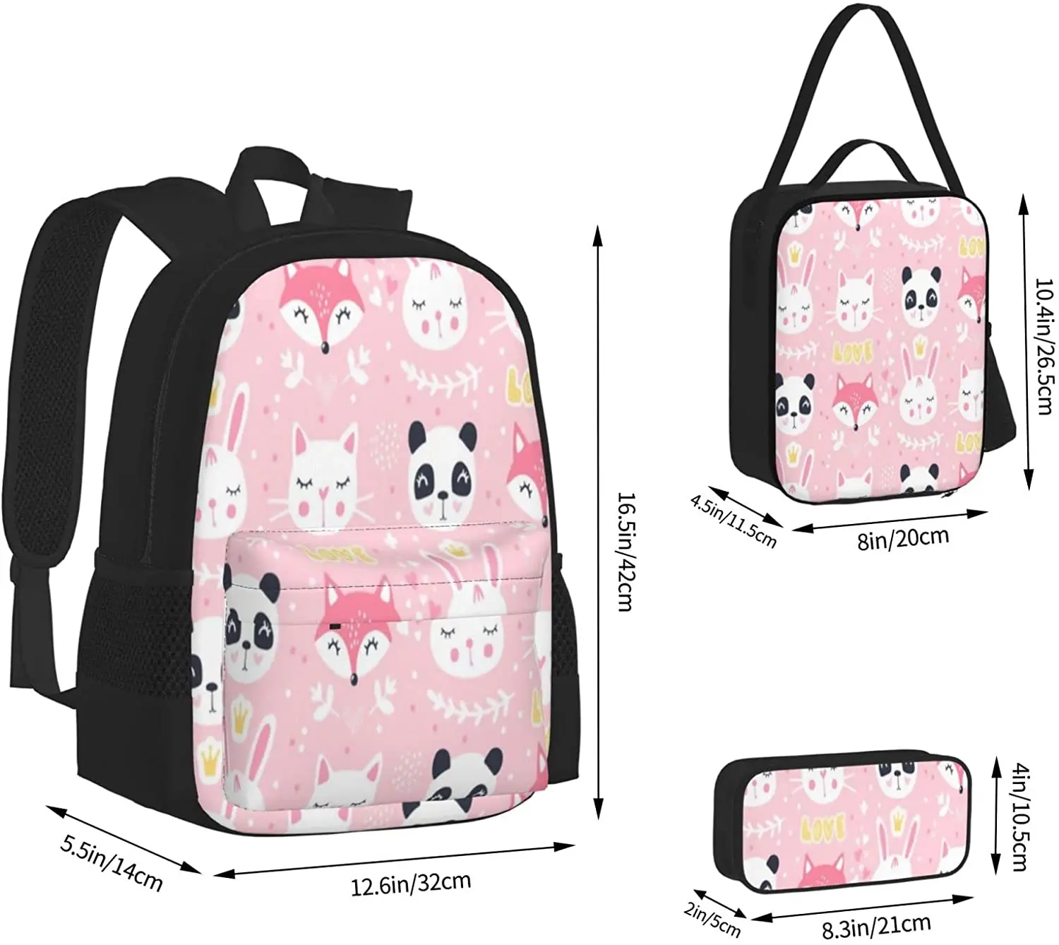 Kids School Backpack Fox, Panda, Cat Schoolbag Travel Bag Casual Daypack Lunch Bag Pencil Case for Boys Teens Girls 3pcs Sets