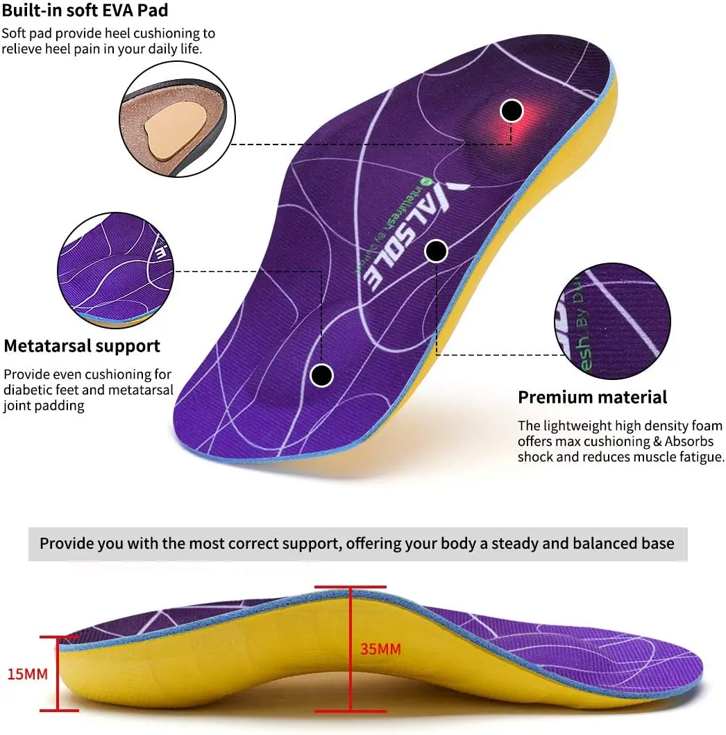 VALSOLE 3/4 Extra High Arch Support Insoles Orthotic Inserts For Running Sports Relief Heel Pain,Plantar Fasciitis,Flat Feet2022