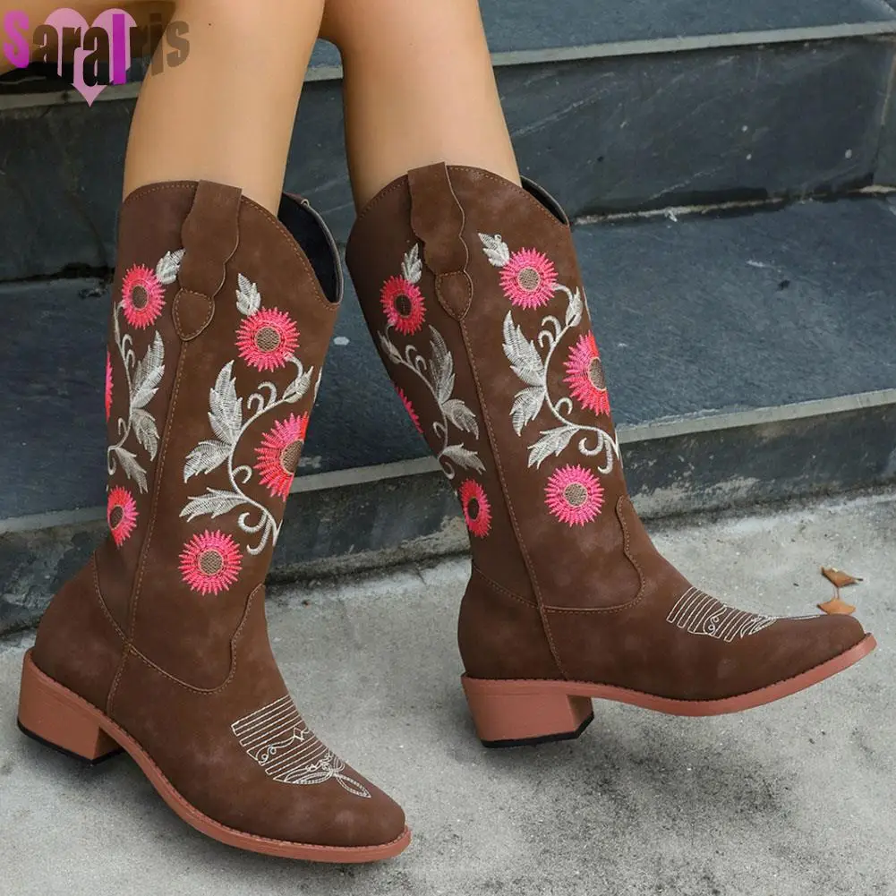 

Cowboy Village Concert Women Mid Calf Boots Square Toe Chunky Med Heels Embroider Flock Ladies Shoes Cowgirl Booties Big Size 43