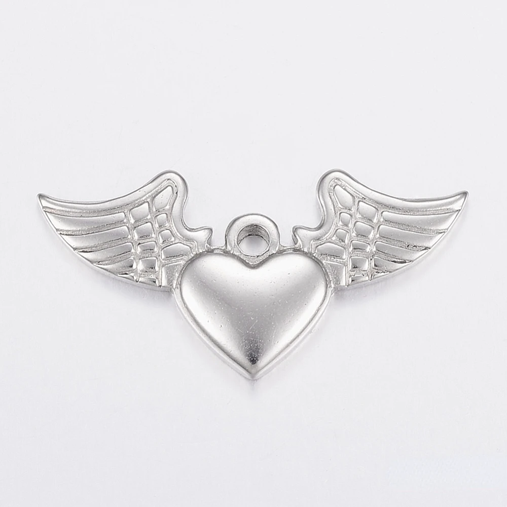 

2PC 304 Stainless Steel Pendants Heart and Wing Stainless Steel Color 20x40x3.5mm Hole: 3mm