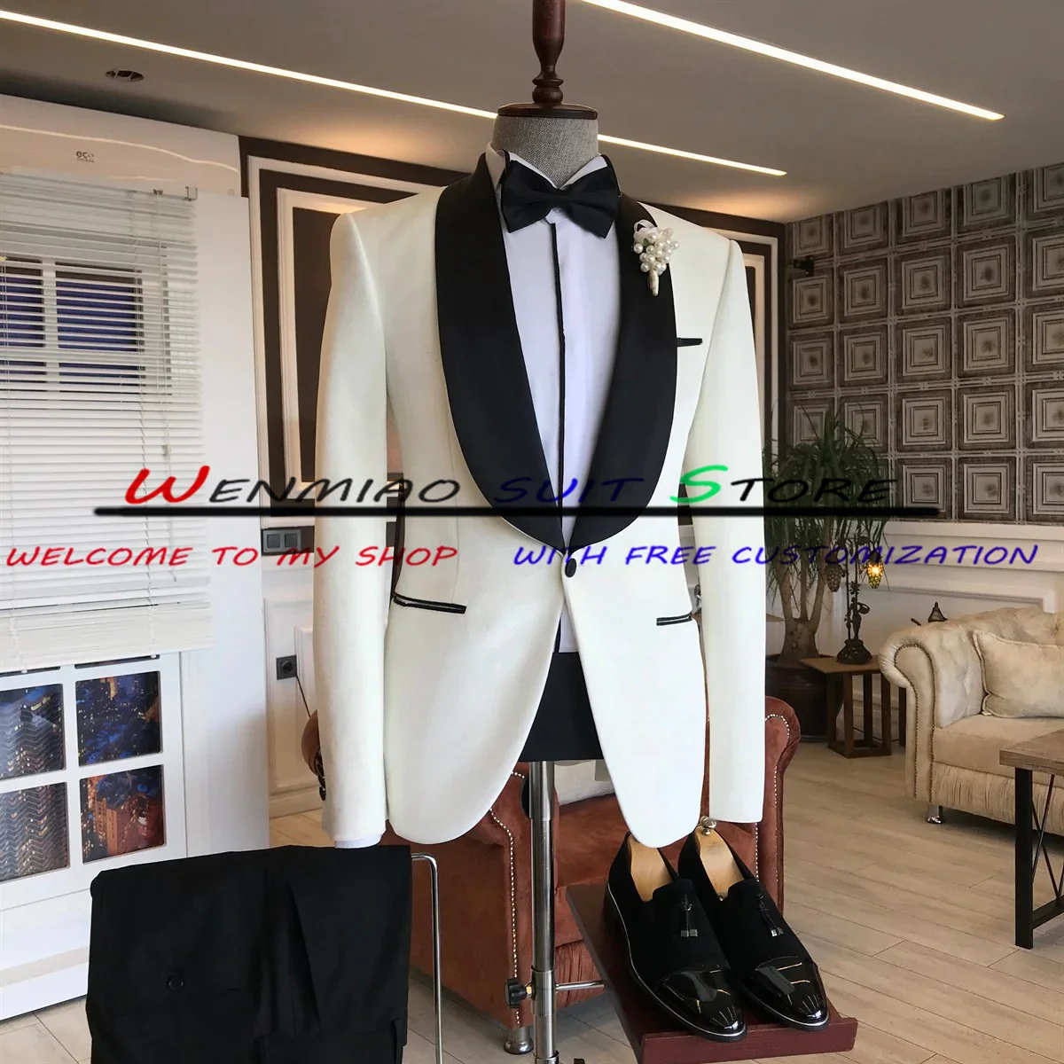 Men's Wedding Tuxedo Groom Shawl Collar Jacket Ivory Suit Two Piece Formal Dress Male Blazer Pants