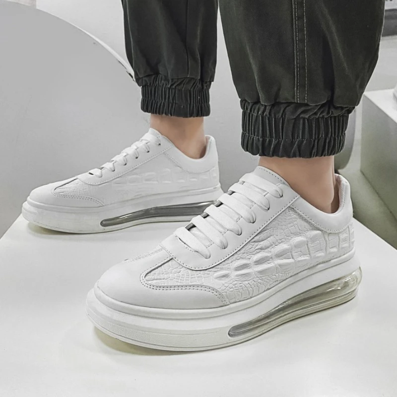 

Mens Luxury Leather Casual Shoes Crocodile Pattern 2022 Spring New Fashion Sports Shoes All-match Thick-soled White Shoes