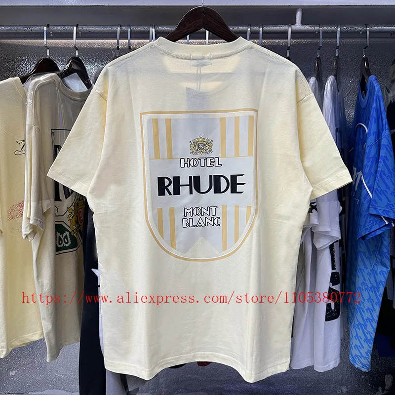 Фото Новинка 2026 года: Мужская футболка RHUDE с принтом логотипа и надписями, черная, хлопковая, с коротким рукавом, в уличном стиле, быстрая доставка №3