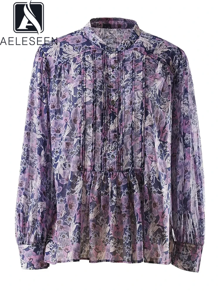 

AELESEEN High Quality Women Blouse Spring Summer Purple Flower Print Pink Loose Casual Party Vacation Shirt
