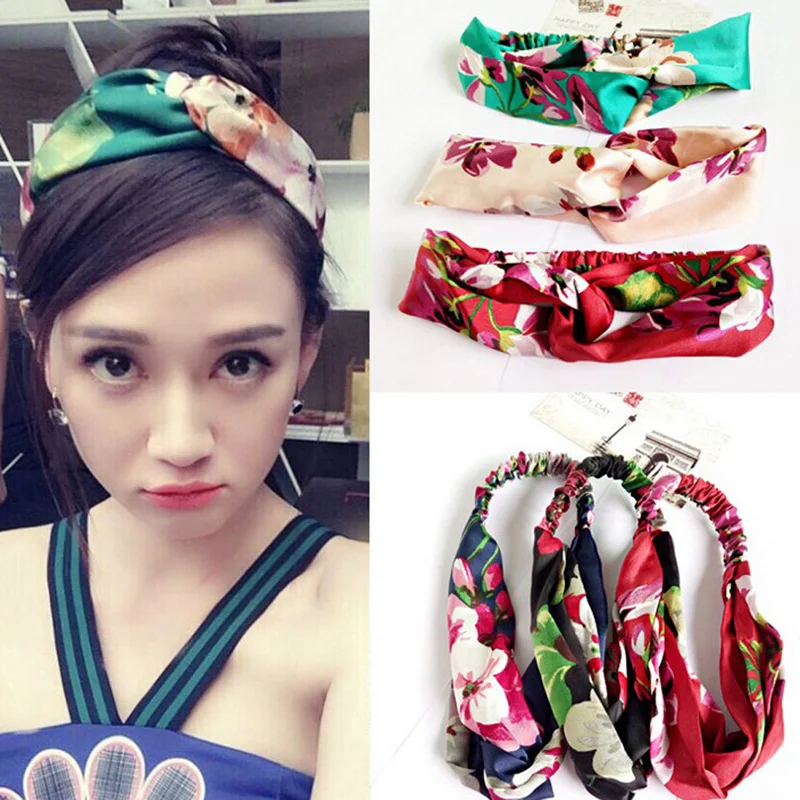 

Bohemia Cross Top Knot Headband For Women Floral Print Elastic Hair Band Wide Soft Bezel Fashion Quality Hair Accessories Summer