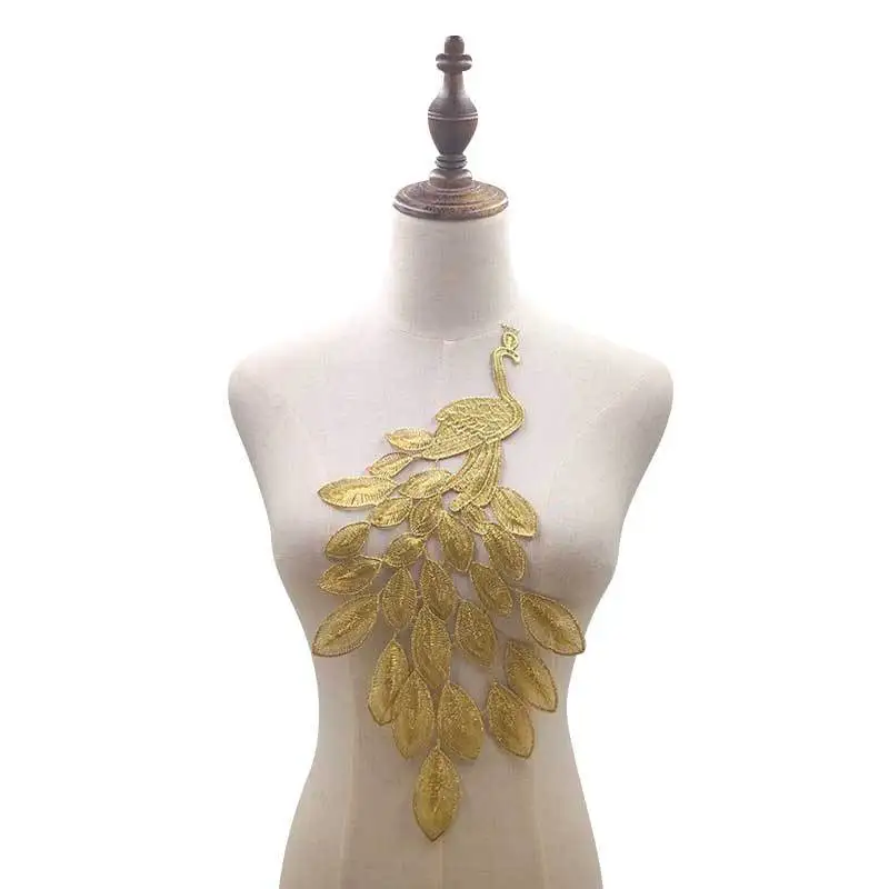 2 шт. Золотая, синяя, белая, черная, вышитая, павлин, полиэфирная ткань, перо, патч, аппликация, швейная отделка, кружевная ткань, сделай сам, рукоделие, 37x17 см