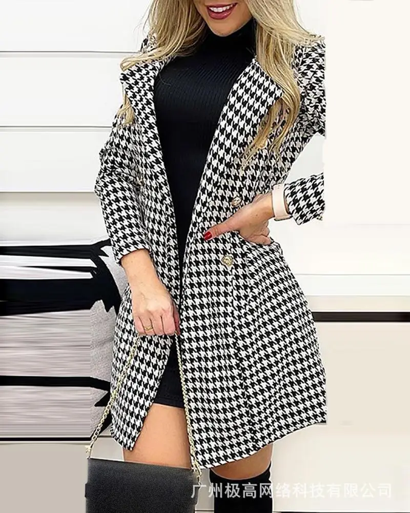

Women's Coat 2022 Spring and Autumn New Houndstooth Print Long Lapel Jacket Long Sleeve Slim Temperament Jacket