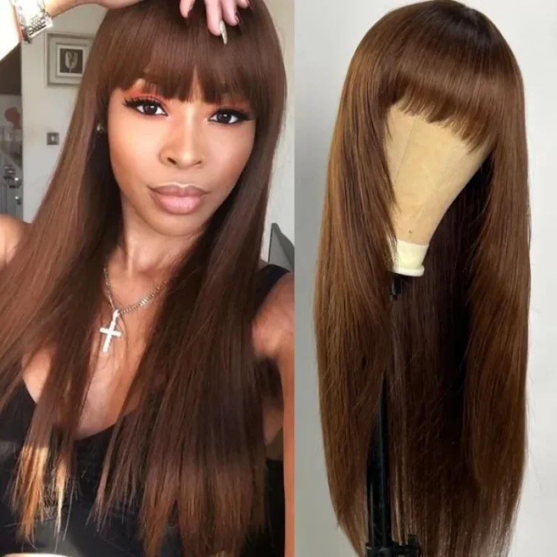 Unice Hair Human Hair Wigs Layer Cut Mocha Medium Brown Brazilian Straight Wig With Bang For Black Women Cheap wigs Full Machine