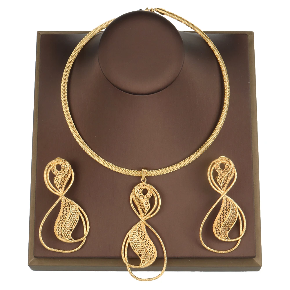 

African Jewelry Sets Fashion Dangle Earrings and Pendant Set For Women Necklace Copper Earrings Geometric Wedding Party Gift