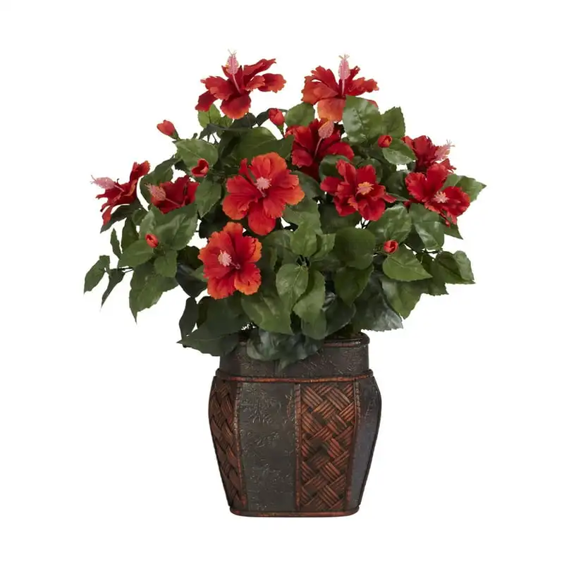 

Plastic 22" Hibiscus Artificial Plant with Vase, Red