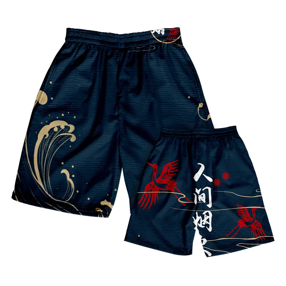 Summer 2022 Men Shorts Hawaii Swim Surf Outdoor Sports Running Casual Beach Japanese Style Skull Crane Print Loose Cool Easy Dry