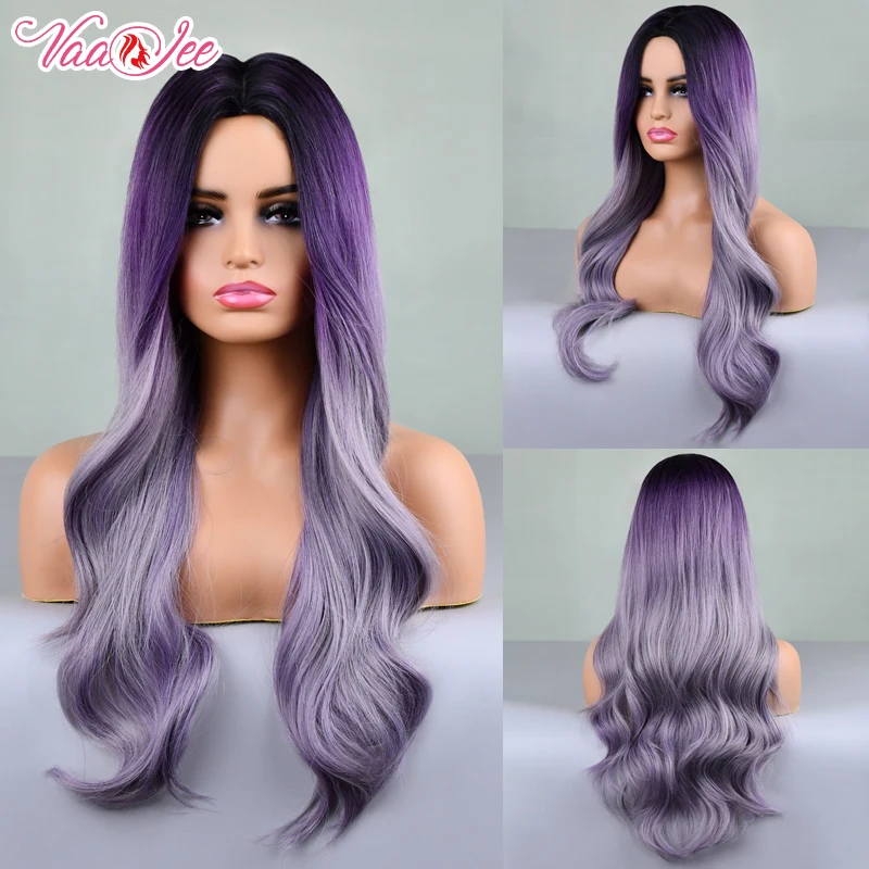 

Cosplay Party Boby Wave Wig Ombre Purple Synthetic Hair Heat Resistant 150% Density 30 inch Long Natural Waves Wigs