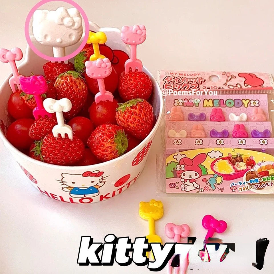 

Hello Kitty Fruit Fork Cartoon Girlish Kitty Cat Bowknot Reusable Fruit Prod 10PCs