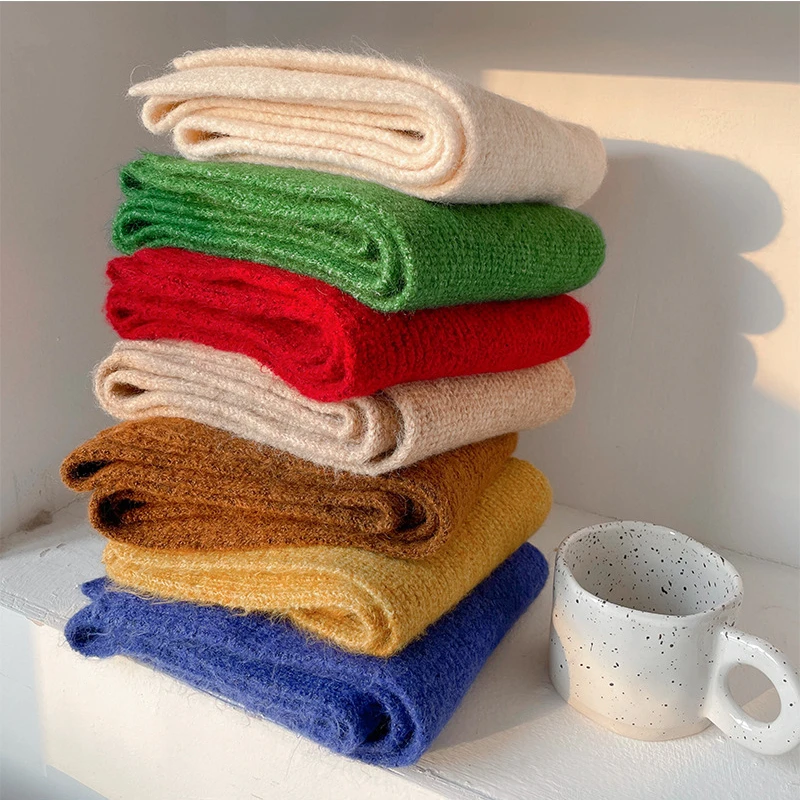 

Женский вязаный шарф, однотонный теплый Эластичный шарф из шерстяной пряжи в Корейском стиле, мягкий Повседневный платок, 2023