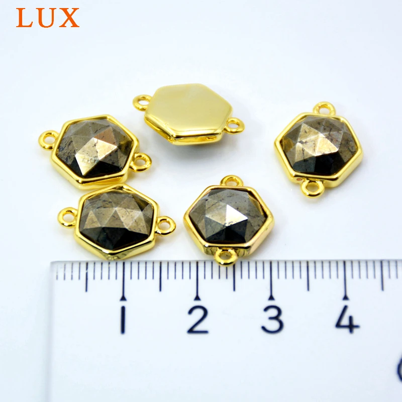 Natural Faceted Pyrite Gold Hexagon Gemstone Connector Really Plating Setting Jewelry Charms Double Bail Pendant | Украшения и