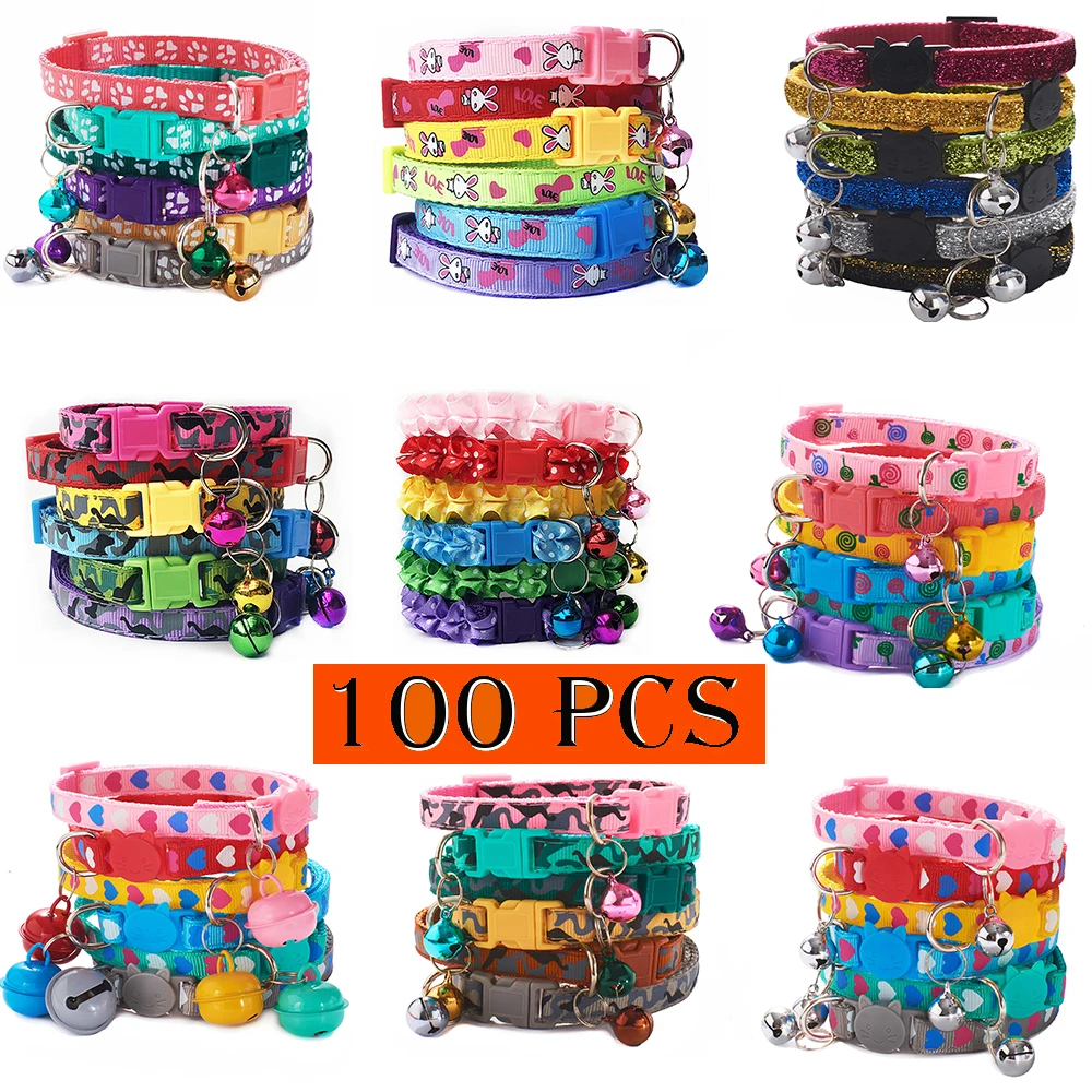 

100pcs Wholesale Cat Pet Collars With Bell Adjustable Cats Puppy Collar Kitten Safe Buckles Necklace Pets Neck Strap Products