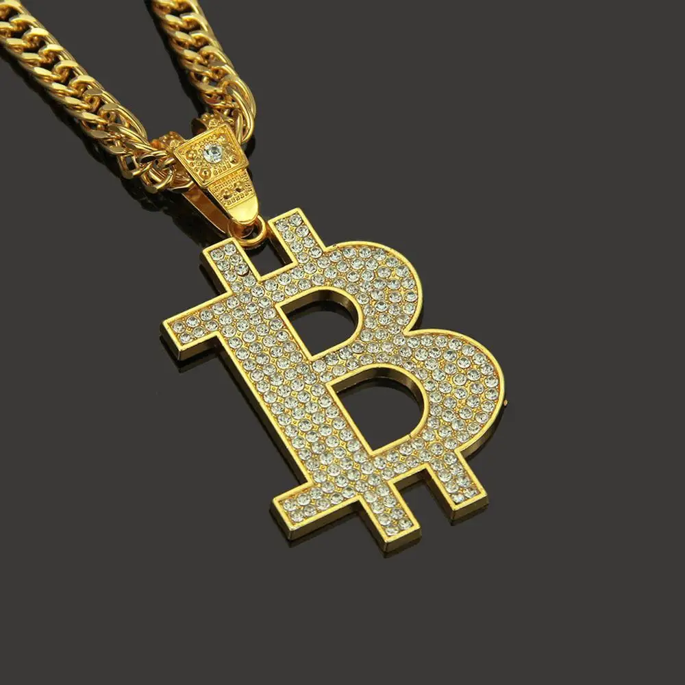 Хип-хоп Стразы с покрытием Bling Iced Out Золото Серебро Цвет Биткойн Подвески Ожерелье