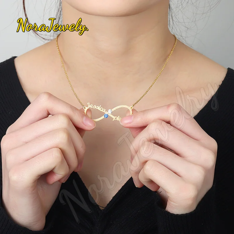 NORAJewelry Customized Infinity Name Necklace Birthstone Frosted Names Necklace Pendant Stainless Steel Choker For Woman Jewelry